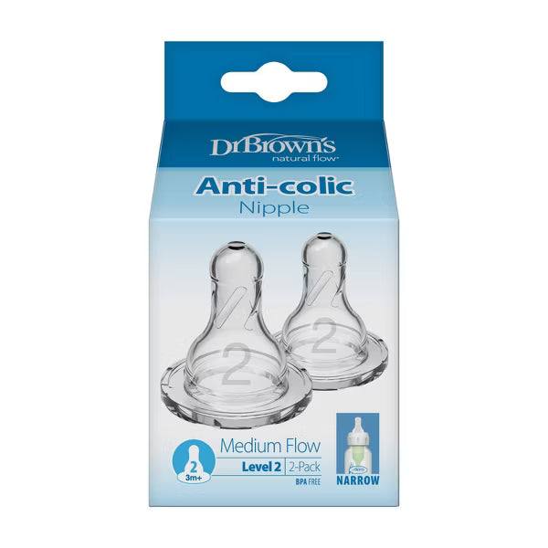 DR. BROWN`S NARROW BABY BOTTLE SILICONE NIPPLE - 2PK BPA-FREE, VENT-FREE . LEVEL 2-MEDIUM FLOW BOTTLE ACCESORIES DR BROWNS