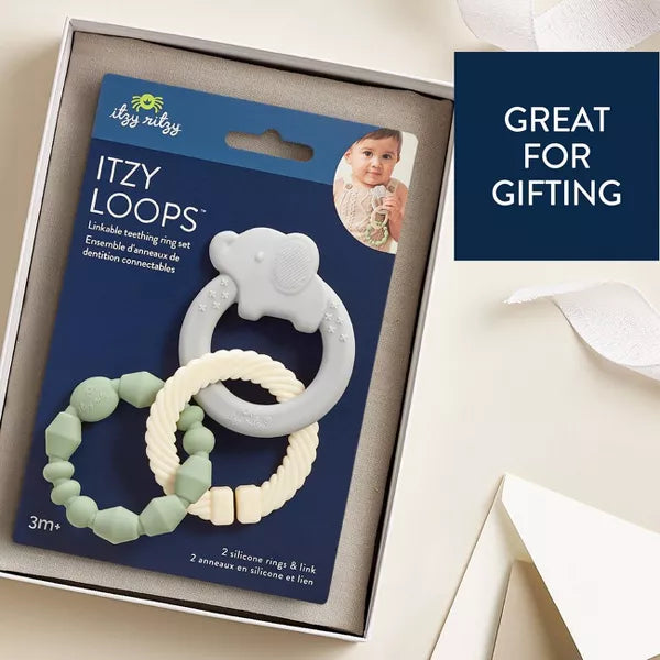 ITZY RITZY ITZY LOOPS TEETHER - GRAY/WHITE/SAGE - 3PC TEETHERS ITZY RITZY