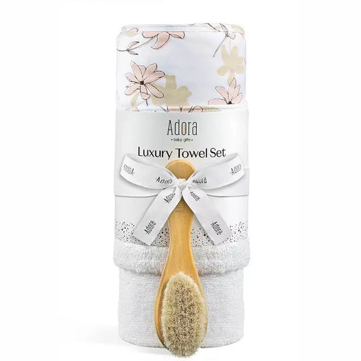 ADORA PLUSH BABY TOWEL, WASHCLOTH & BRUSH GIFT SET