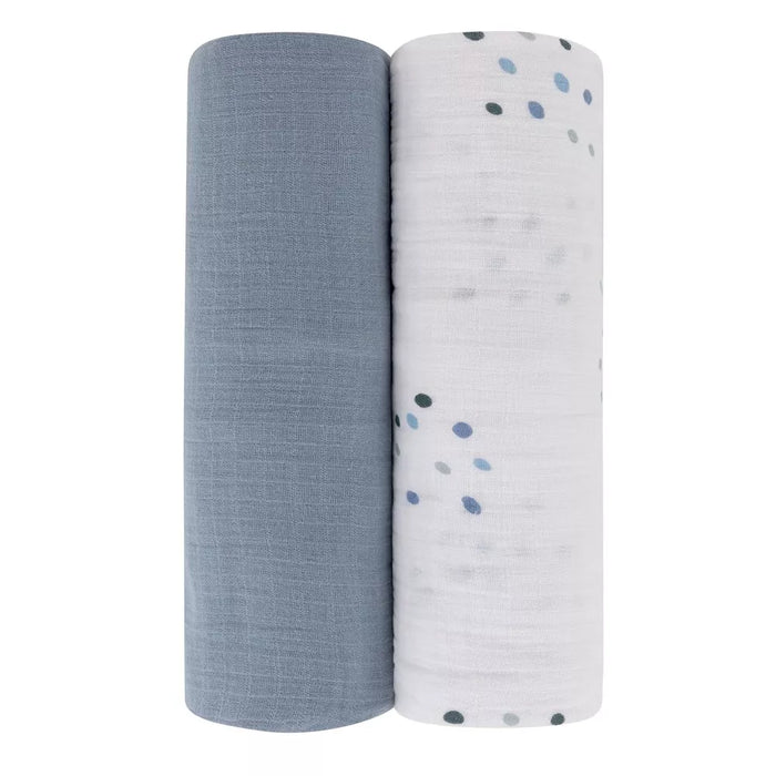 2PK MUSLIN SWADDLES BLUE DOTS-SOLID BLUE