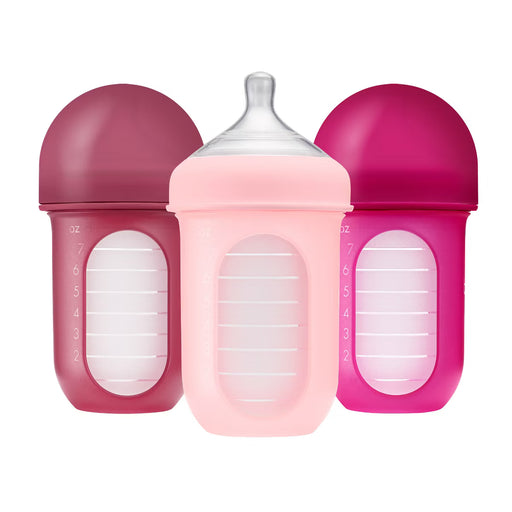 BOON NURSH SILICONE BABY BOTTLES WITH COLLAPSIBLE SILICONE POUCH - 8 FL OZ/3PK MEDIUM FLOW NIPPLE, BPA-FREE . PINK MULTI BABY BOTTLE BOON