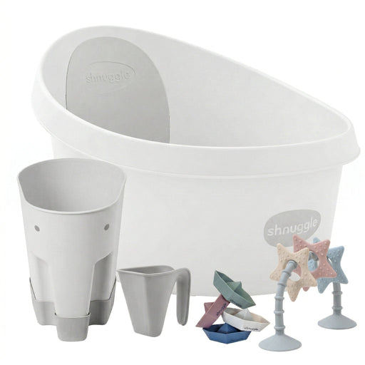Shnuggle Splash & Play Bundle: Toddler Bath & Accessories Bundle - 5-Piece Set for Fun & Safe Bath Times White Grey Bath M4A