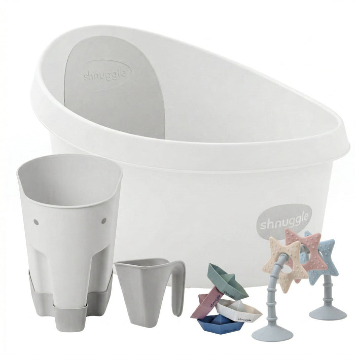 Shnuggle Splash & Play Bundle: Toddler Bath & Accessories Bundle - 5-Piece Set for Fun & Safe Bath Times White Grey Bath M4A