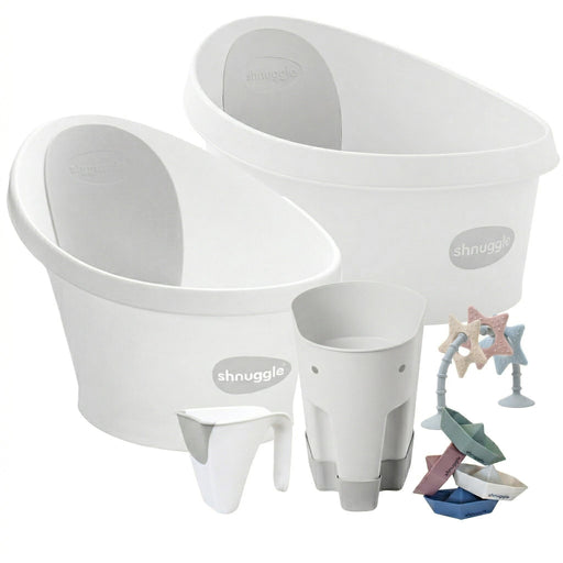 Shnuggle Splash & Grow Bundle: Baby & Toddler Bath Bundle + Accessories - 6-Piece Set for Every Stage White Grey Bath M4A