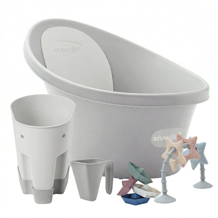 Shnuggle Newborn Bundle: Baby Bath & Accessories Bundle - 5-Piece Set | Cozy Support, Easy Cleanup & Sensory Fun Pebble Grey Bath M4A