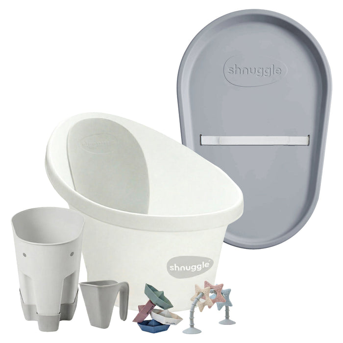 Shnuggle Bath & Change Bundle: Baby Bath & Changing Bundle + Accessories - 6-Piece Set for Cozy Bath & Diaper Time White Grey Bath M4A