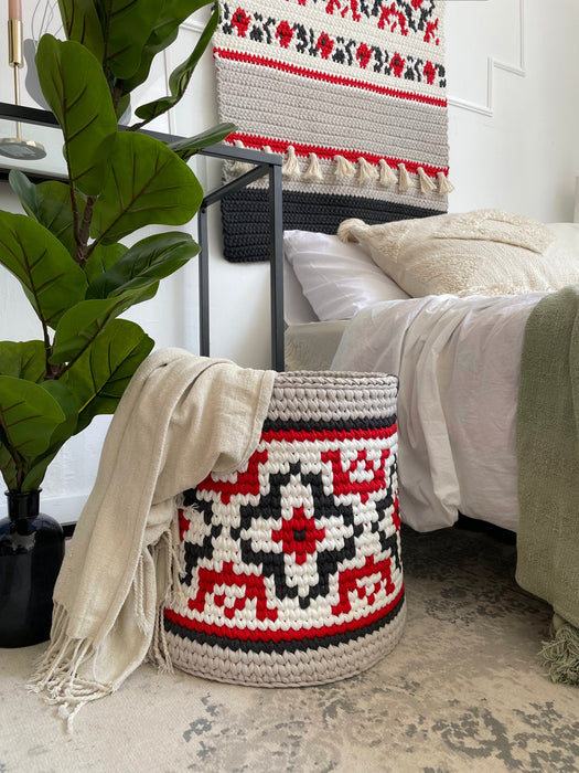 Round Storage Basket in Ukrainian Vyshyvanka Style Decor Anzy Home