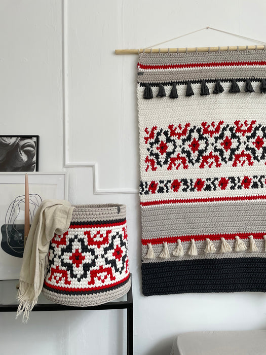 Round Storage Basket in Ukrainian Vyshyvanka Style Decor Anzy Home