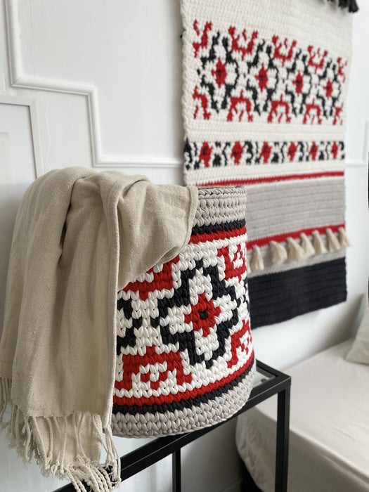 Round Storage Basket in Ukrainian Vyshyvanka Style Decor Anzy Home