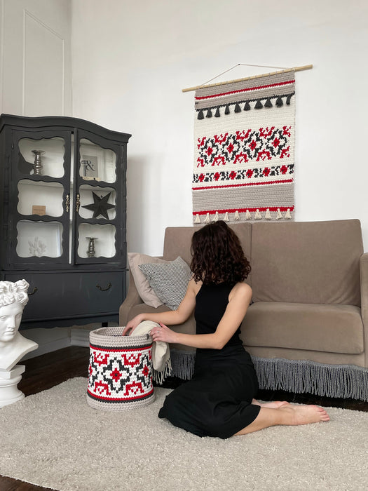 Round Storage Basket in Ukrainian Vyshyvanka Style Decor Anzy Home