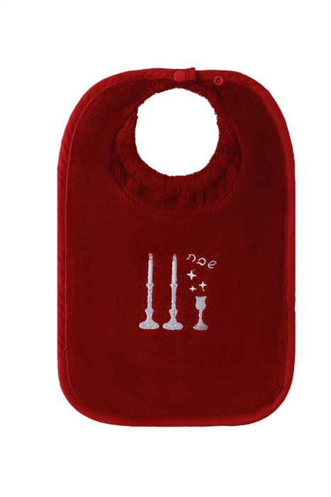 ABSTRACT WATERPROOF BIB WITH SNAPS, MAROON W/ SHABBOS CANDLES - SMALL