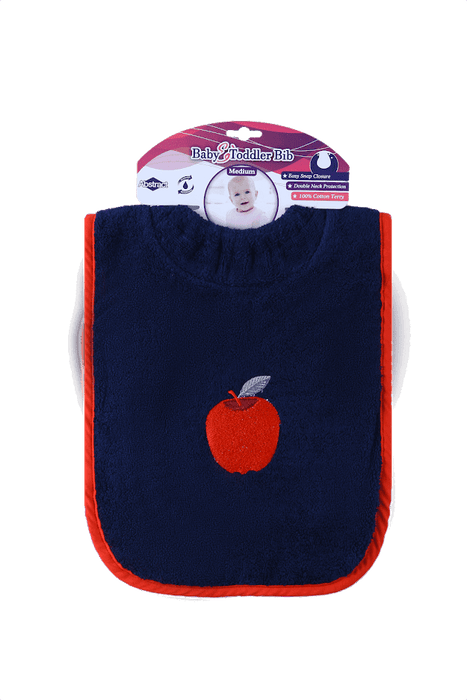 ABSTRACT WATERPROOF BIB WITH SNAPS, NAVY W/ APPLE EMBROIDERY - SMALL