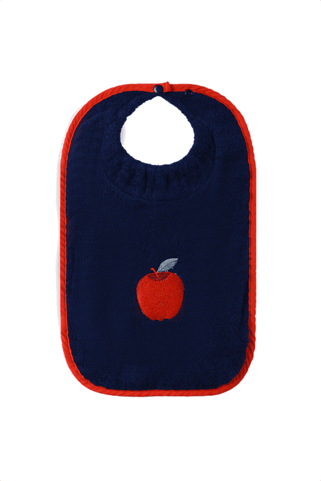 ABSTRACT WATERPROOF BIB WITH SNAPS, NAVY W/ APPLE EMBROIDERY - SMALL