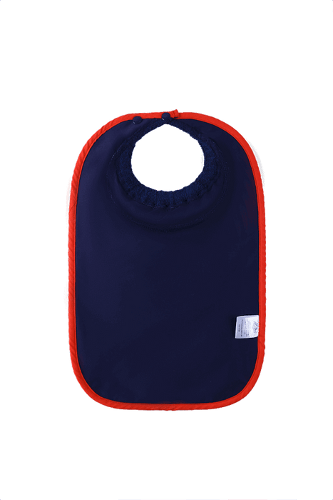 ABSTRACT WATERPROOF BIB WITH SNAPS, NAVY W/ APPLE EMBROIDERY - SMALL