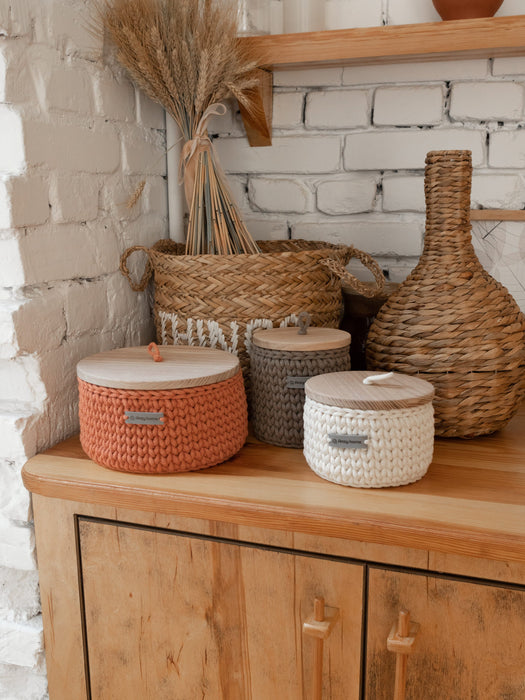 Round Storage Baskets w/ Wooden Lid Recycled Storage & Organization Anzy Home