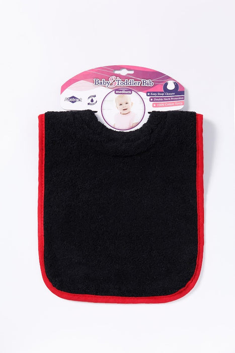 ABSTRACT WATERPROOF BIB WITH SNAPS, BLACK WITH RED TRIM - MEDIUM