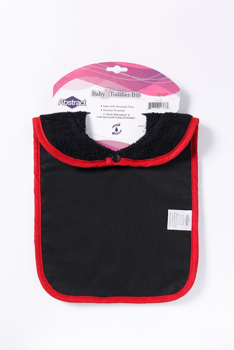 ABSTRACT WATERPROOF BIB WITH SNAPS, BLACK WITH RED TRIM - MEDIUM