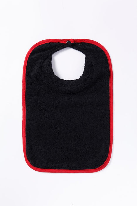 ABSTRACT WATERPROOF BIB WITH SNAPS, BLACK WITH RED TRIM - MEDIUM