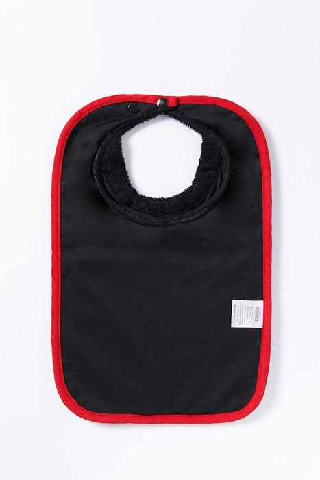 ABSTRACT WATERPROOF BIB WITH SNAPS, BLACK WITH RED TRIM - MEDIUM