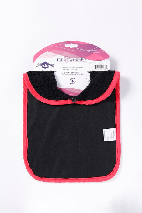 ABSTRACT WATERPROOF BIB WITH SNAPS, BLACK WITH CORAL TRIM - MEDIUM