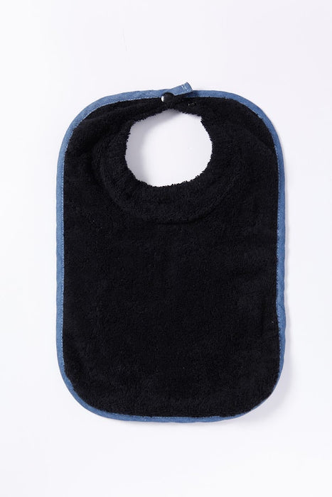 ABSTRACT WATERPROOF BIB WITH SNAPS, BLACK WITH DENIM TRIM - MEDIUM