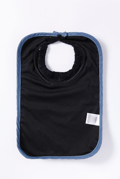 ABSTRACT WATERPROOF BIB WITH SNAPS, BLACK WITH DENIM TRIM - MEDIUM