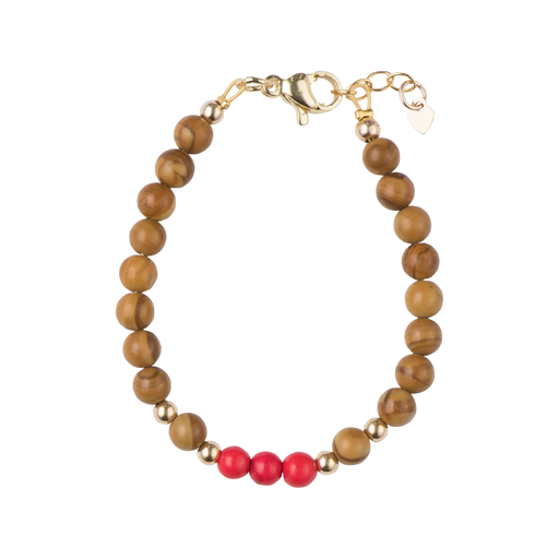 WOOD GRAIN STONE WITH RED BEADS PICKY BRACELET