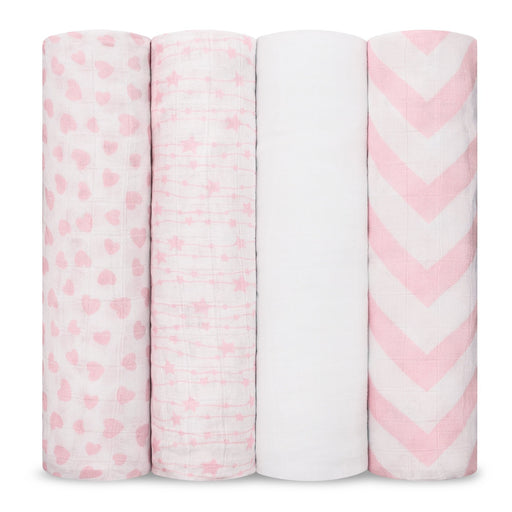 Muslin Swaddle Blankets, 4 Pack by Comfy Cubs - Pink Swaddles Comfy Cubs