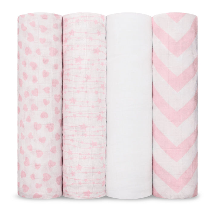 Muslin Swaddle Blankets, 4 Pack by Comfy Cubs - Pink Swaddles Comfy Cubs