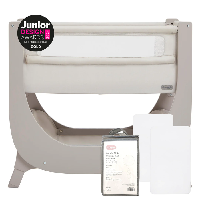 Shnuggle Air Lite Bedside Bassinet | Infant Crib | Height Adjustable Baby Bed with Mattress + 1 Waterproof + 2 White Sheets Taupe Cribs M4A