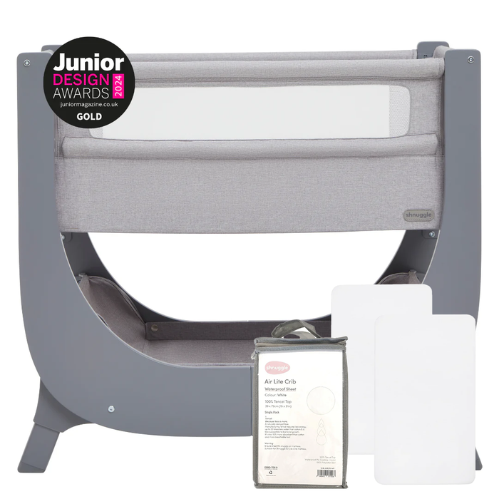 Shnuggle Air Lite Bedside Bassinet | Infant Crib | Height Adjustable Baby Bed with Mattress + 1 Waterproof + 2 White Sheets Gray Cribs M4A