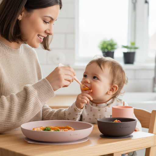 Nattou Silicone Children’s Tableware Set 4-Piece with Non-Slip Suction Plate & Bowl Dinnerware Sets M4A