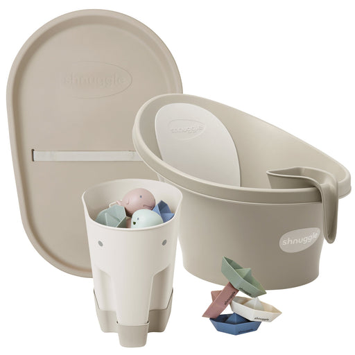 Shnuggle Bathtime Essentials Bundle | Baby Bath, Rinse Jug, Ellie Toy Scoop, Toy Boats & Squishy Changing Mat - Taupe Bath M4A