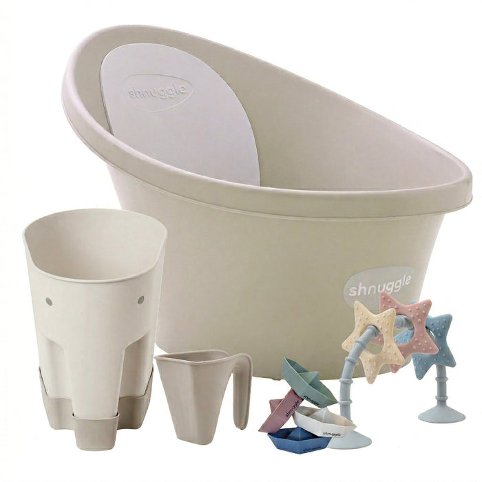 Shnuggle Newborn Bundle: Baby Bath & Accessories Bundle - 5-Piece Set | Cozy Support, Easy Cleanup & Sensory Fun Taupe Bath M4A