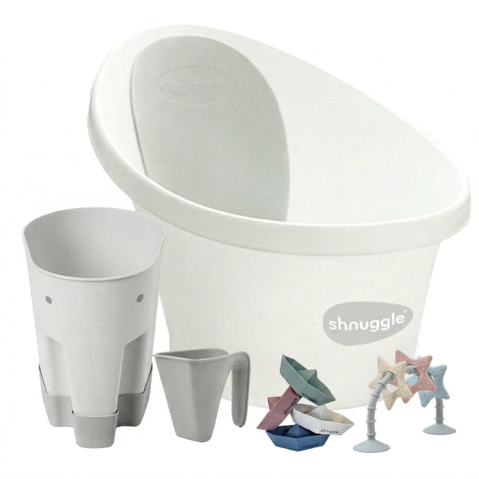 Shnuggle Newborn Bundle: Baby Bath & Accessories Bundle - 5-Piece Set | Cozy Support, Easy Cleanup & Sensory Fun White Grey Bath M4A
