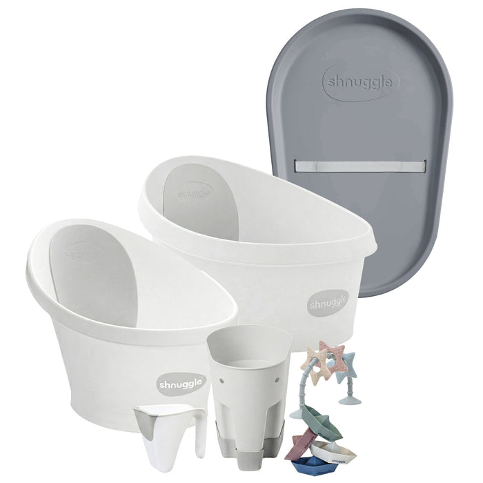 Shnuggle Growing Family Bath Time Bundle: Baby & Toddler Bath + Changing Mat Bundle - 7-Piece Set for Bath & Diaper Time White Grey Bath M4A