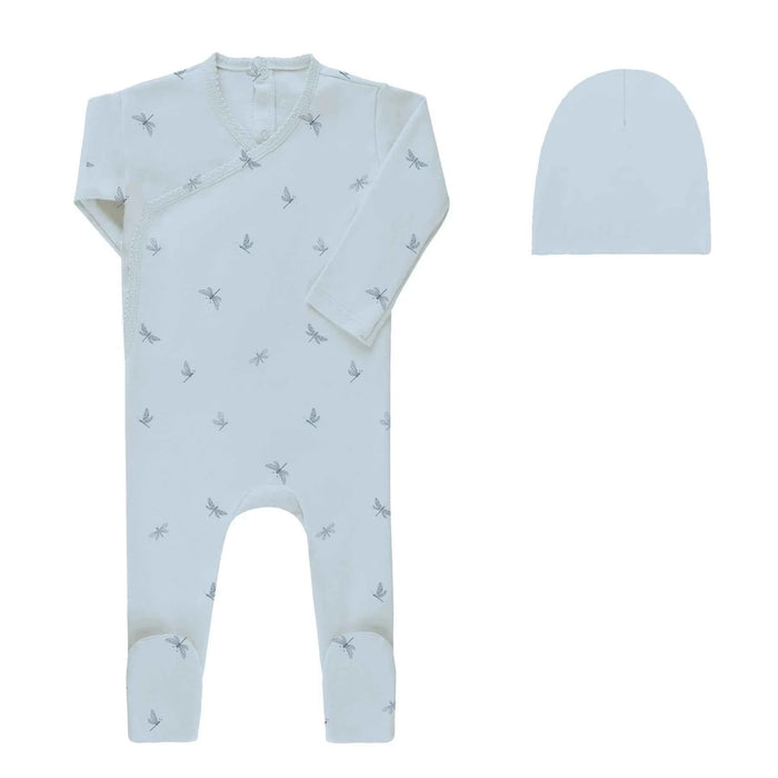 AURORA CLASSICS BABY FOOTIE + BEANIE JERSEY COTTON DRAGONFLY COLLECTION BLUE FOOTIE + BEANIE AURORA