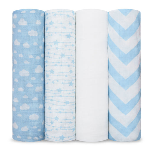 Muslin Swaddle Blankets, 4 Pack by Comfy Cubs - Blue Swaddles Comfy Cubs