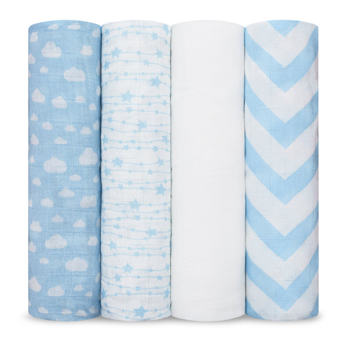 Muslin Swaddle Blankets, 4 Pack by Comfy Cubs - Blue Swaddles Comfy Cubs