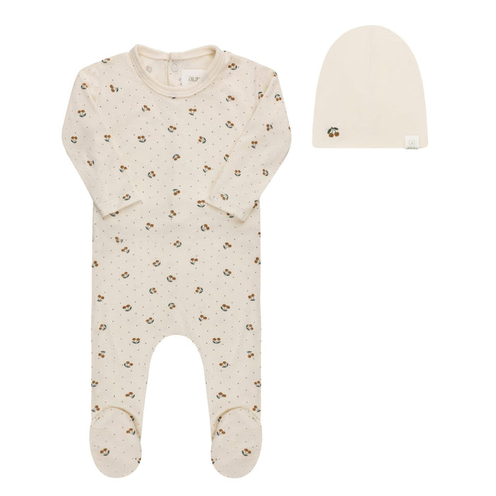 AURORA CHERRY PRINT COLLECTION - FOOTIE + BEANIE IVORY BLUE CLOTHING AURORA