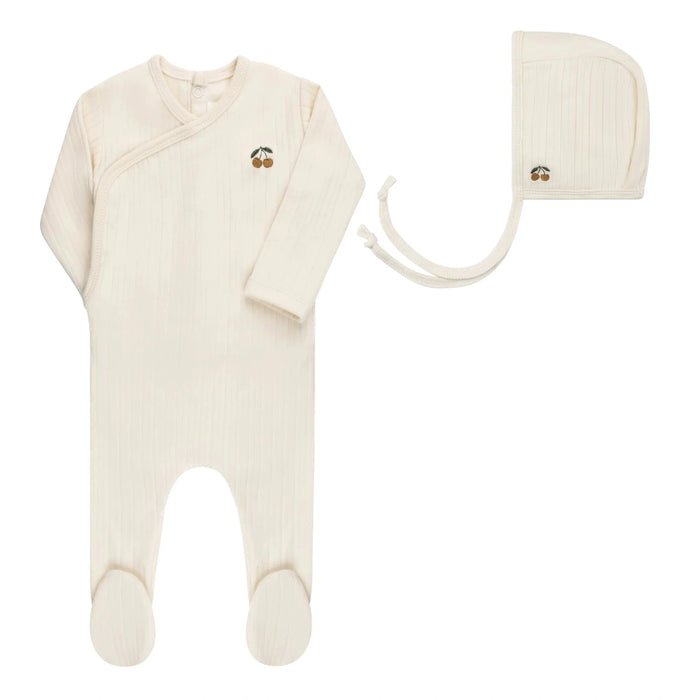 AURORA EMBROIDERED CHERRY COLLECTION - FOOTIE + BONNET IVORY BLUE FOOTIE + BONNET AURORA