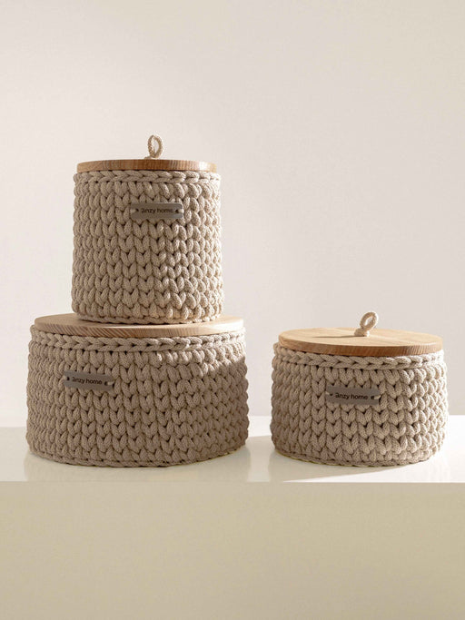 Round Storage Baskets w/ Wooden Lid Recycled Beige cord Storage & Organization Anzy Home