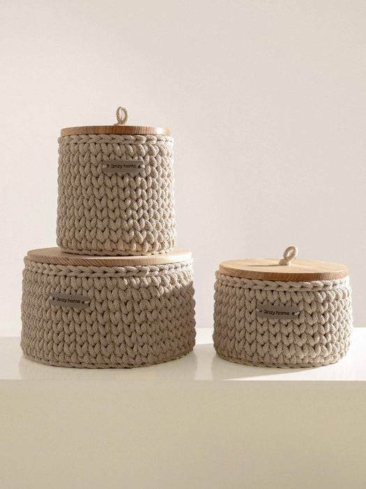 Round Storage Baskets w/ Wooden Lid Recycled