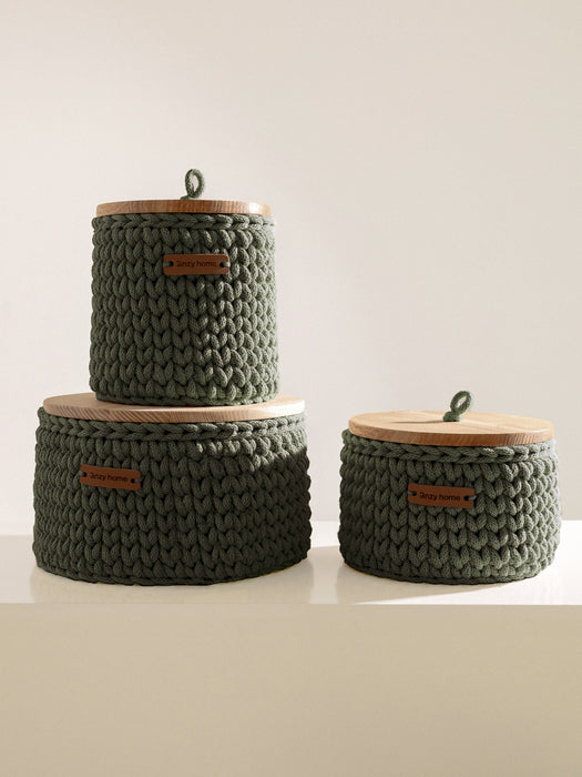 Round Storage Baskets w/ Wooden Lid Recycled Avocado Storage & Organization Anzy Home