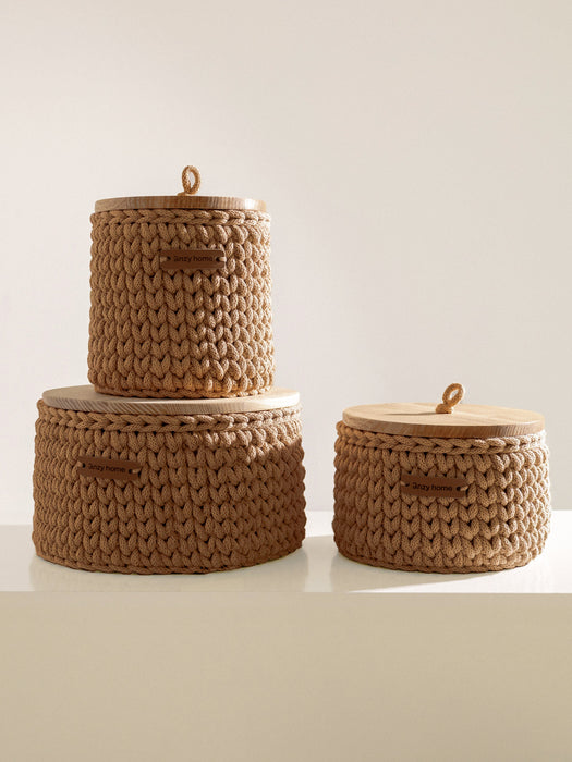Round Storage Baskets w/ Wooden Lid Recycled Caramel Storage & Organization Anzy Home