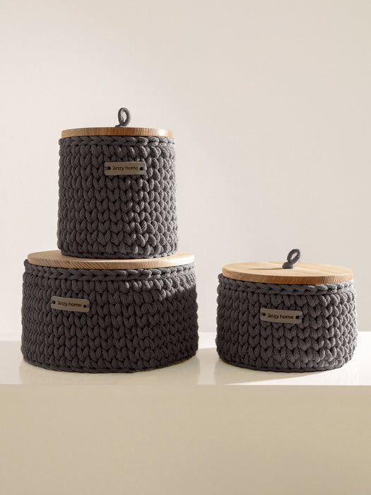 Round Storage Baskets w/ Wooden Lid Recycled Charcoal Storage & Organization Anzy Home