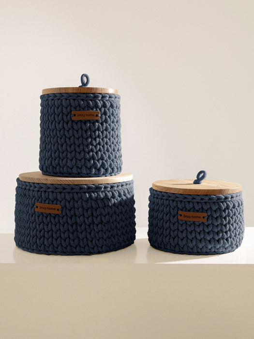 Round Storage Baskets w/ Wooden Lid Recycled Jeans Storage & Organization Anzy Home
