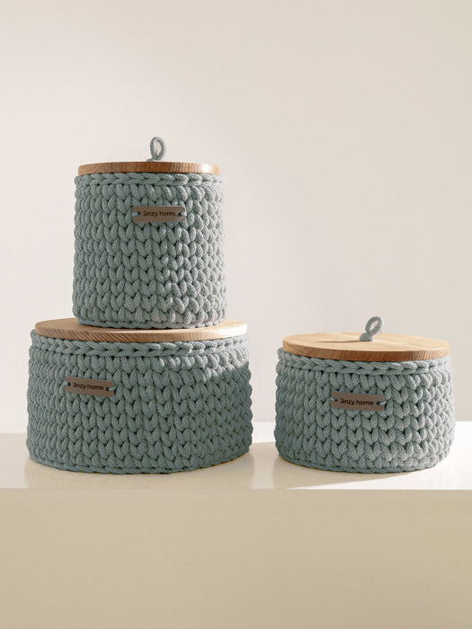 Round Storage Baskets w/ Wooden Lid Recycled Laurel Storage & Organization Anzy Home