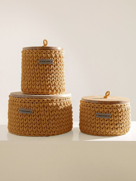 Round Storage Baskets w/ Wooden Lid Recycled Mustard cord Storage & Organization Anzy Home