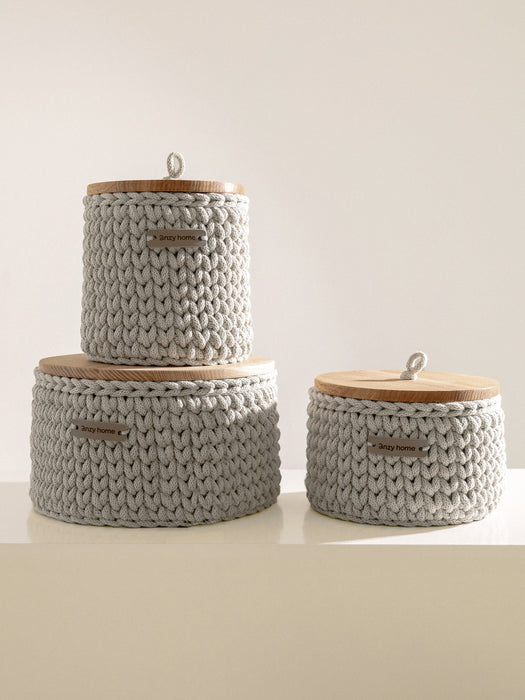 Round Storage Baskets w/ Wooden Lid Recycled Silver cord Storage & Organization Anzy Home